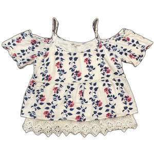 Skies Are Blue Floral Cold Shoulder Blouse Lace Trim